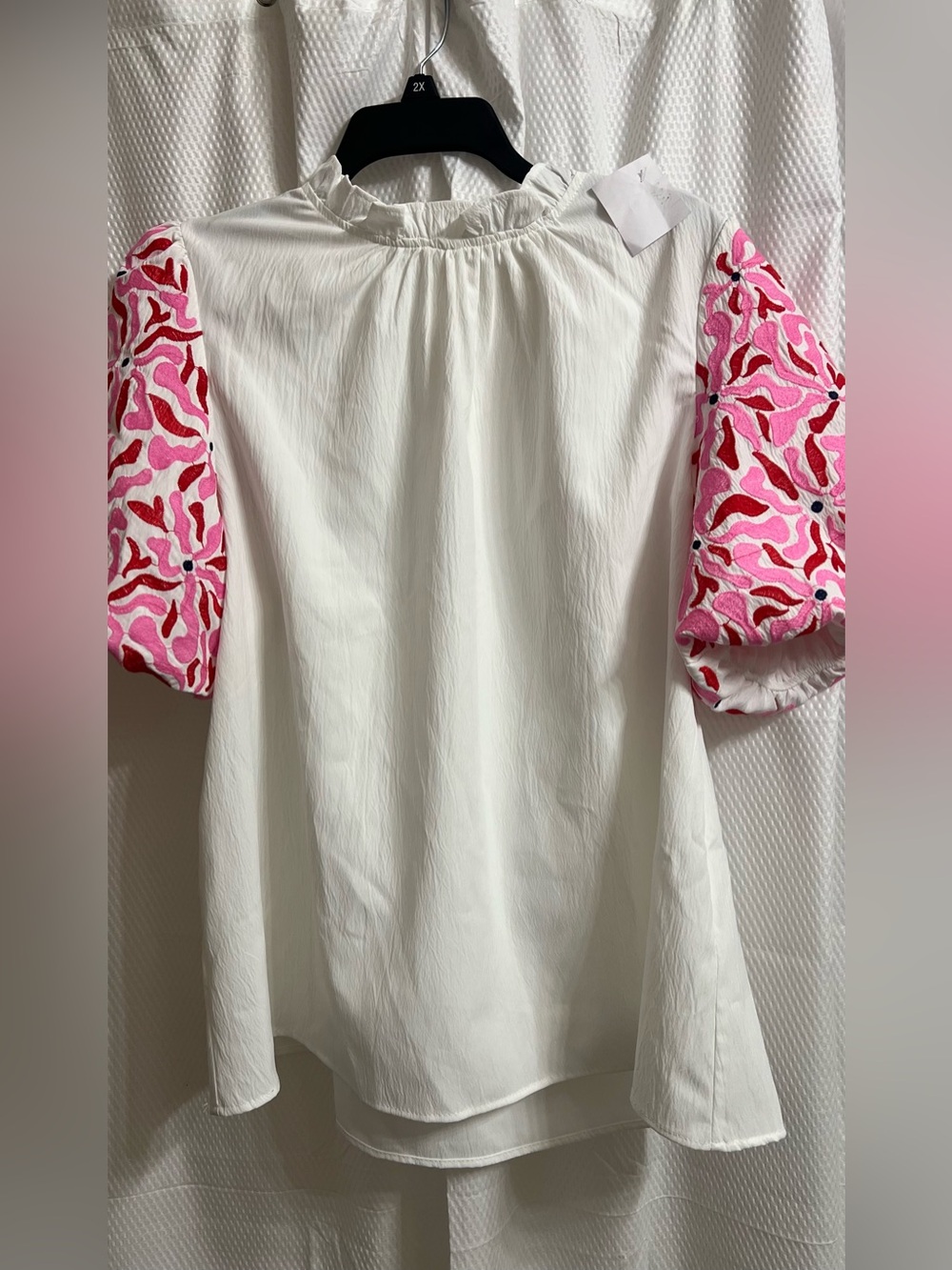 entro White Top with Pink and Red Embroidered Puff Sleeves